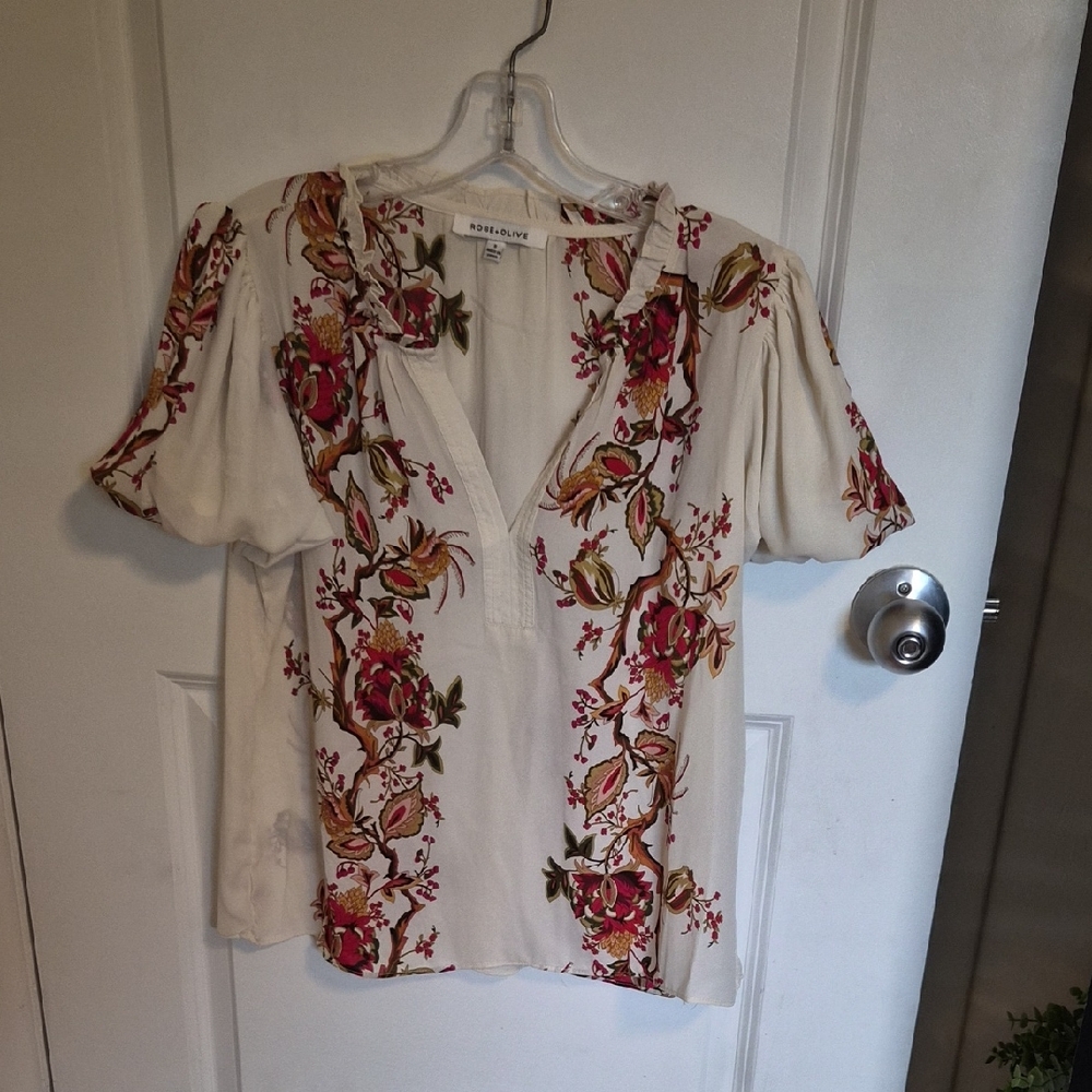 Rose & Olive Cream Blouse with Pink and Gold Floral Embroidery